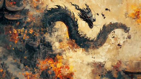 Mythic serpentine dragon emergent through incendiary brushwork.