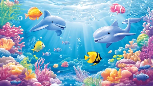 Stylized coral reef scene shows dolphins and tropical fish in clear water