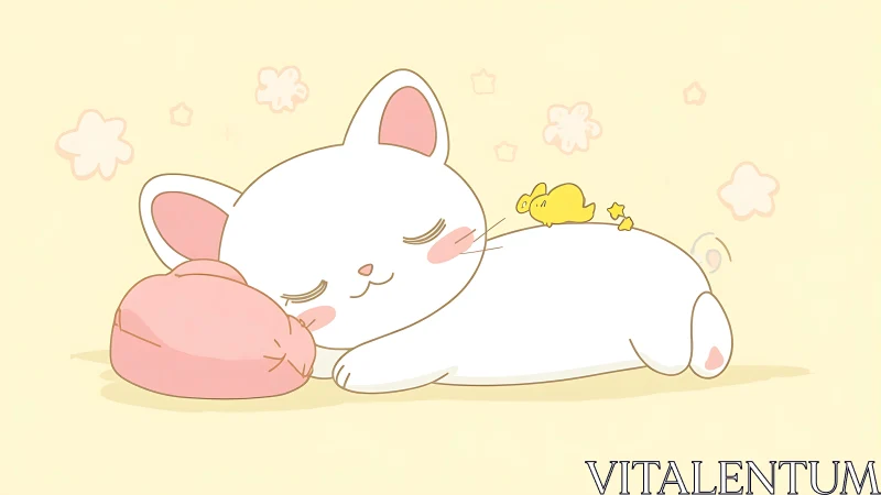 Minimalist cartoon white cat resting with cushion and bird.