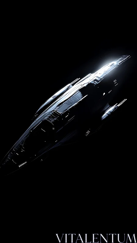 Stealth starship cuts through deep void with chrome hull.