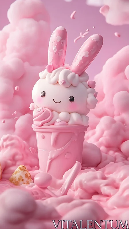 Kawaii bunny ice cream sculpture in dreamy pink foam.