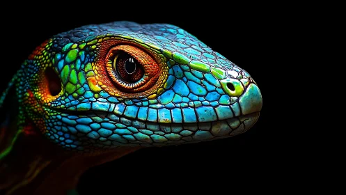 Vivid close up of a colorful blue reptile head portrait.