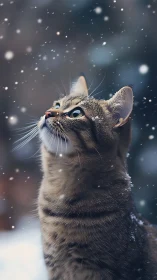 Cat Gazes Upward Through Falling Snow.
