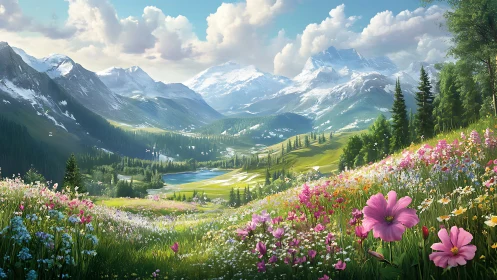 High-alpine floral valley under snow-laden mountain massif.