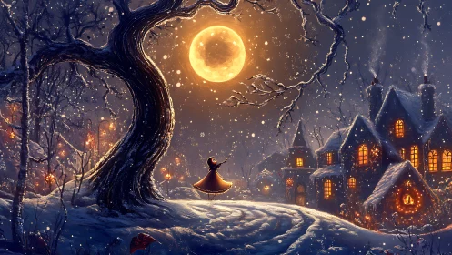 Girl in red cloak under full moon near glowing cottages.