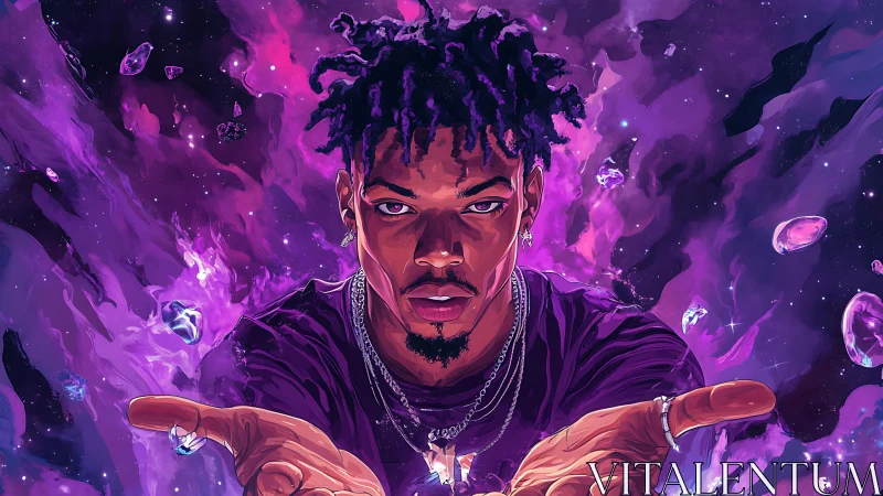 Astromystic portrait with levitating crystals and nebular bloom.