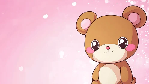 Cute chibi teddy bear smiles on soft pink background.