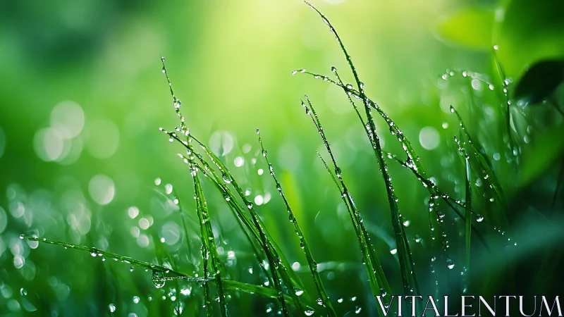 Close-up grass blades hold dew drops against bright green light