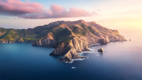 Volcanic Island at Sunset Over Blue Ocean Waters.