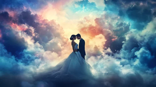 Bride and Groom Embracing Above Clouds at Sunset