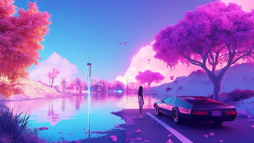 Dreamy neon lakeside drive with a lone traveler at dusk.