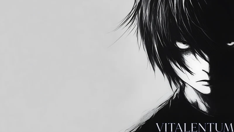 Monochrome anime portrait of brooding boy in hard shadow.