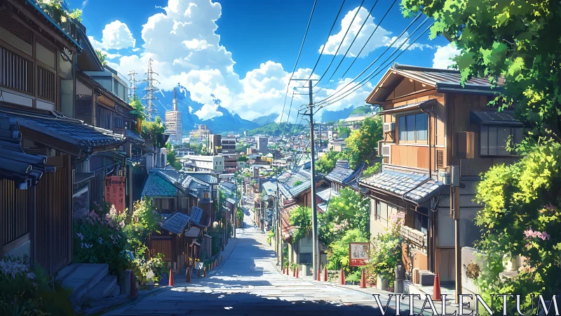 Sunlit hillside street leads into a bright, peaceful town