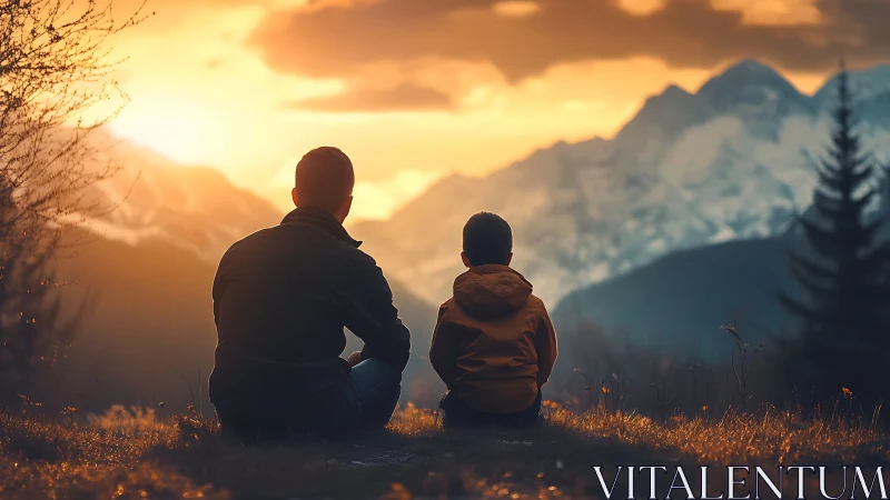 Father and son watching mountain sunset in warm, cinematic style.