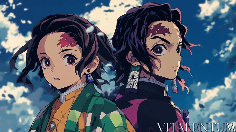 Twin-scarred anime warriors share a sky of rising resolve.