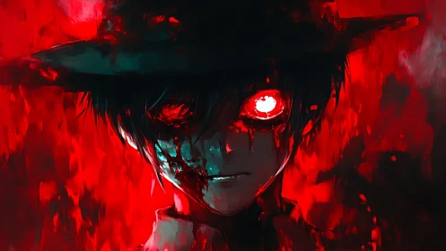 Glowing-eyed dark figure stares through a violent red haze