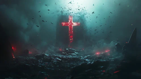 Luminous red cruciform monolith amid apocalyptic mist.