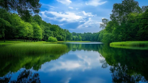 Peaceful forest lake mirroring soft skies and bright green trees.