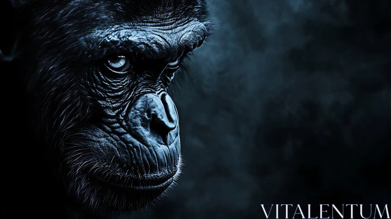 High-contrast simian portrait rendered in moody cyan lighting