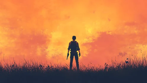 Lone wanderer soaking in a blazing orange horizon sky.