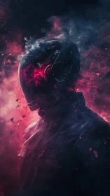 Helmeted figure dissolves into red and blue digital smoke