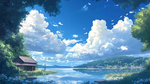 Serene lakeside cottage under towering cumulus clouds at noon