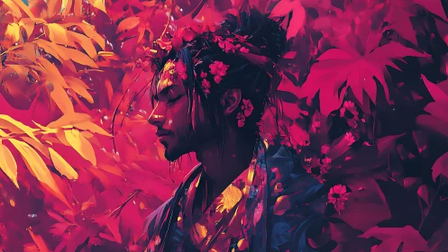 Serene samurai profile framed by vivid crimson foliage