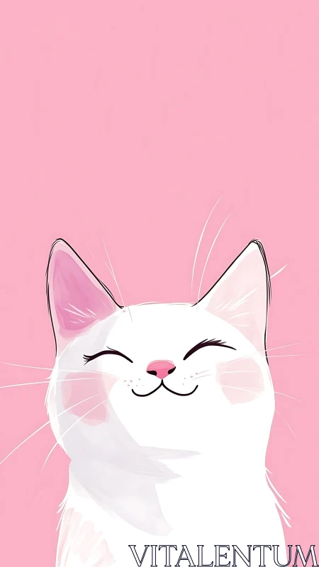 White Cat with Closed Eyes Against Pink Background