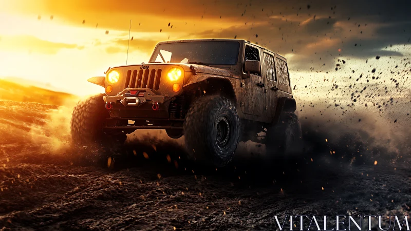 Sunset mud-slinger Jeep hammers through flying embers of dirt