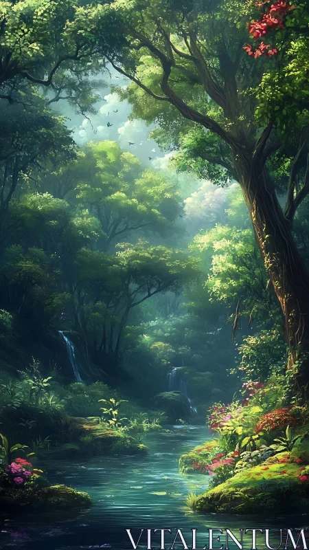 Verdant Forest Sanctuary: Luminous Digital Painting.