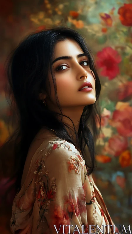 Somber muse in floral silk amid whispering painted blooms.