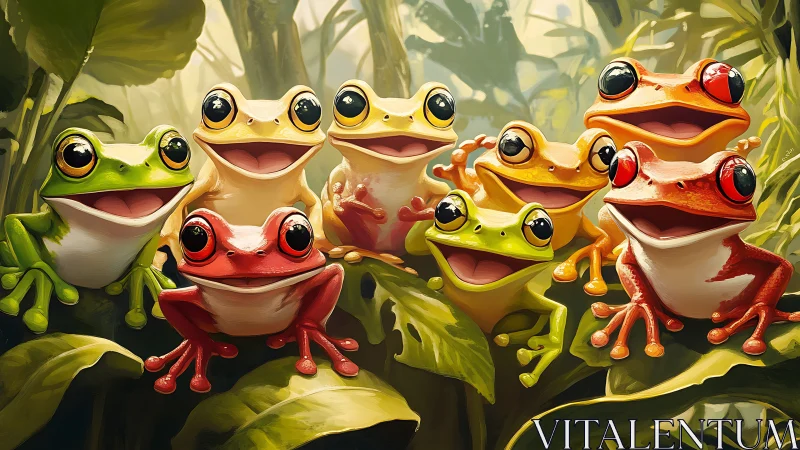 Vibrant rainforest tree frogs in stylized digital painting group portrait.
