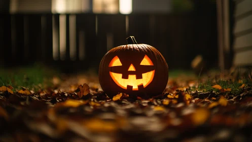 Carved jack o’ lantern glowing on leaf covered lawn.