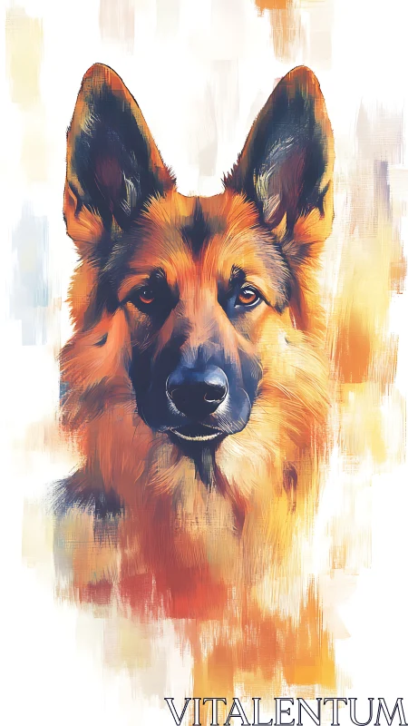 Brushstrokes crown a German shepherd in ember-bright calm