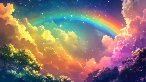 Dreamy rainbow sky glowing through soft starlit clouds.
