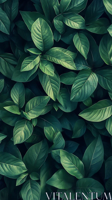 Dense arrangement of green elliptical leaves is shown