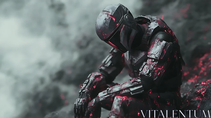 Armored cyber-soldier resting amid embers in desaturated fog