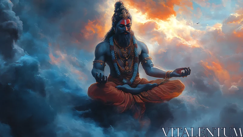 Blue-skinned robed figure meditating amid dense clouds.