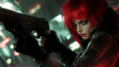 Red haired gunwoman aims pistol in neon lit urban scene