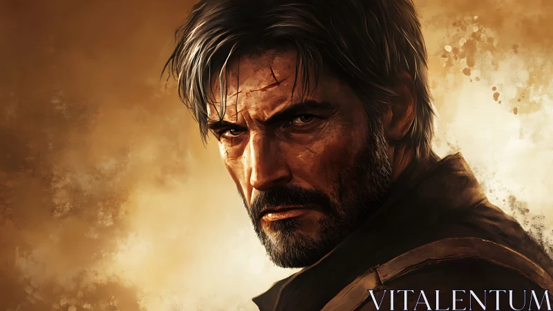 Weathered wanderer gazing through dust and quiet fire.