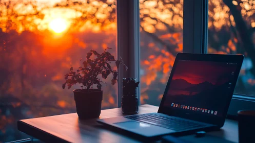 Laptop and potted plant sit on desk before sunset window