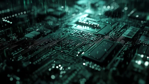 Futuristic circuit board closeup with green digital glow.