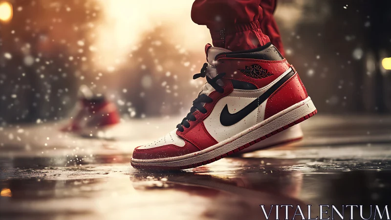 Red white sneaker steps on wet street under soft snowfall