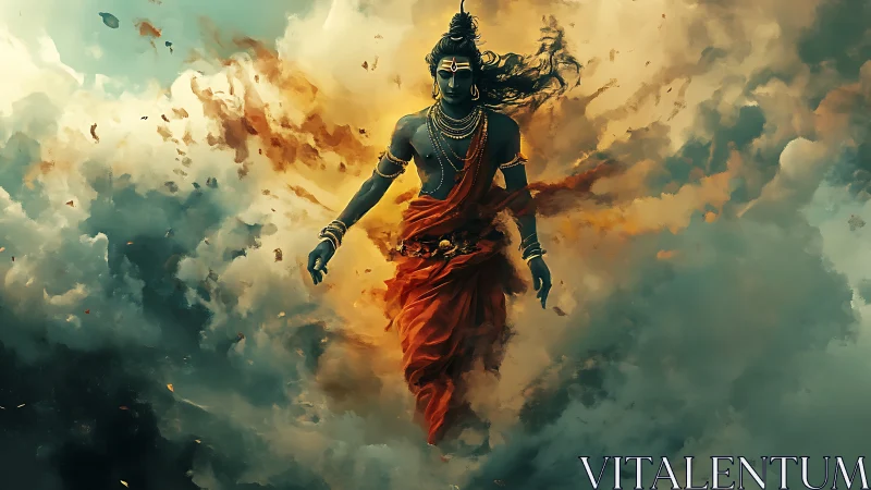 Mythic stormwalker amid turbulent volumetric cloud dynamics.