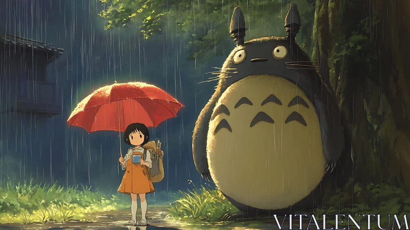 Rainy forest pause with a gentle giant and bright umbrella.
