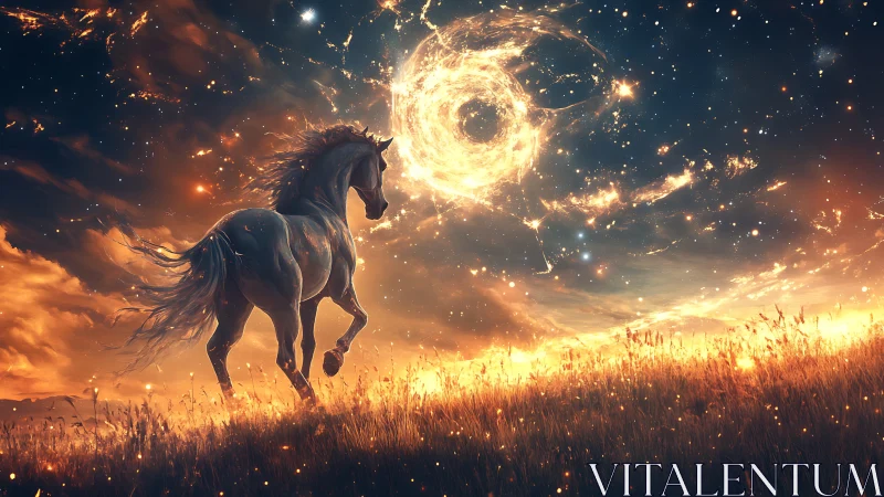Starlit horse beneath swirling cosmic fire vortex sky.