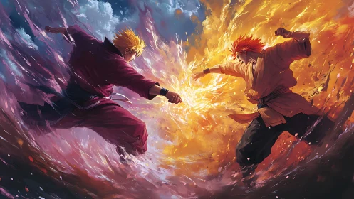 Rival martial flames collide and carve light through storm