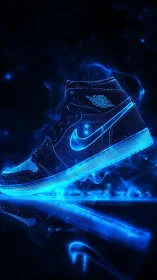 Luminous neon sneaker profile with electric blue vapor glow.