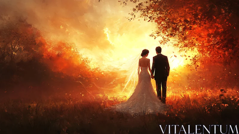 Sunlit wedding couple walks into a glowing autumn dream