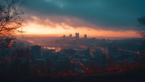 City skyline under stormy dawn light viewed from hillside